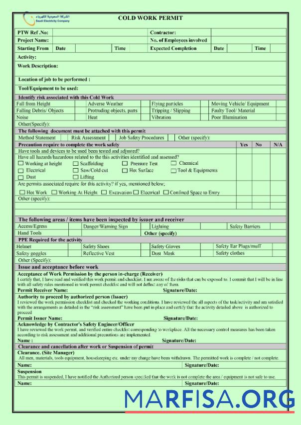 Blank Saudi Arabia electricity company work permit example